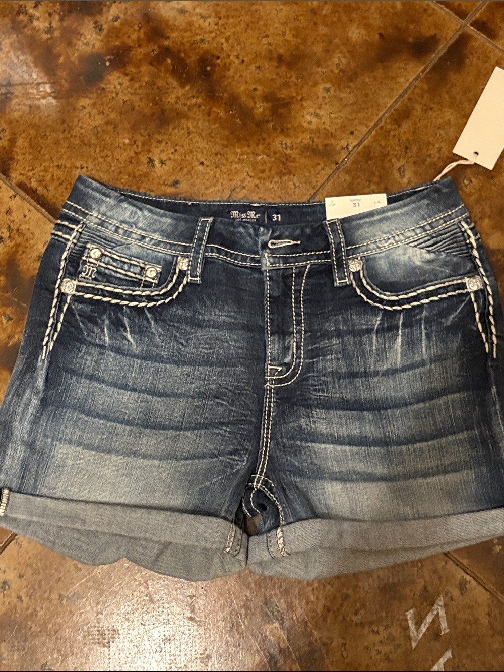 Miss Me Dark Blue Distressed Denim Shorts with Contrast Stitching